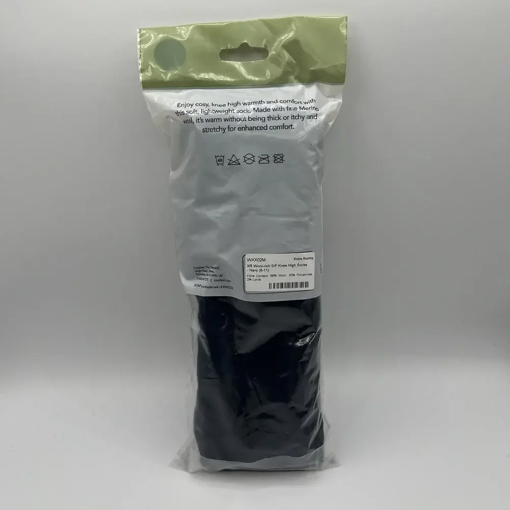 Cosyfeet Wool-Rich Knee High Socks Navy Extra Roomy Size M 6-11 2 Pairs Merino